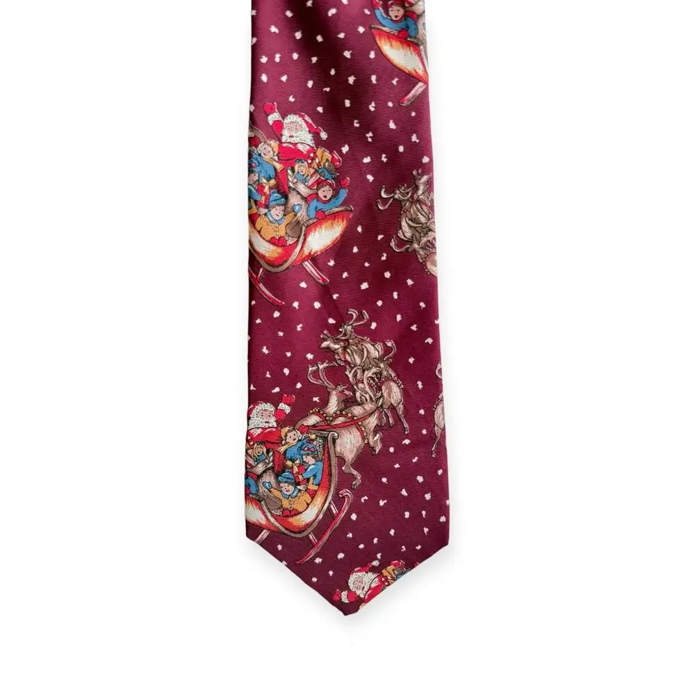 Don Loper Beverly Hills Christmas Tie Santa Sleigh Reindeer Burgundy 59x4